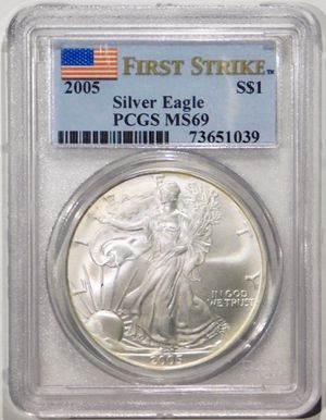 Photo 2005 $1 American Silver Eagle PCGS MS-69 First Strike