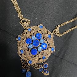 Victorian Blue Rhinestone Gold Tone Necklace