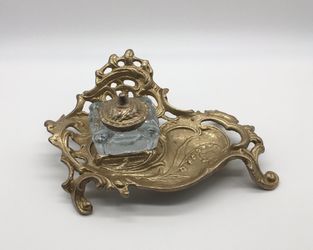 Vintage Rococo Style Brass & Glass Inkwell