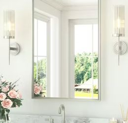 KeonJinn 24x36 Brushed Nickel Framed Bathroom Mirror