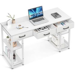 ODK Office Small Computer Desk: Home Table with Fabric Drawers & Storage Shelves Modern Writing Desk