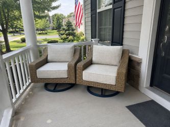 Two Outdoor Patio Swivel Rocking Chairs + Cushions - Aluminum Frame - Wicker Overlay
*New - Delivery