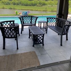 Patio Furniture - 6pc Solid Wood & Wrought Iron 