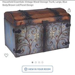 Vintage Wood Storage Trunk, Large, Blue Body/Brown Lid/Floral Design
