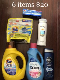 2 Tide: 1 Downy; 1 Nivea; 1 Pantene 2 in 1 Shampoo & Conditioner; 1 Toothpaste: 6 Items $20