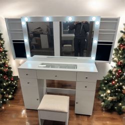 White Vanity Desk with Large Lighted Mirror & Power Outlet, Makeup Vanity Table with Glass Top & Drawers, Sliding Storage, 44.1" Large Makeup Vanity T