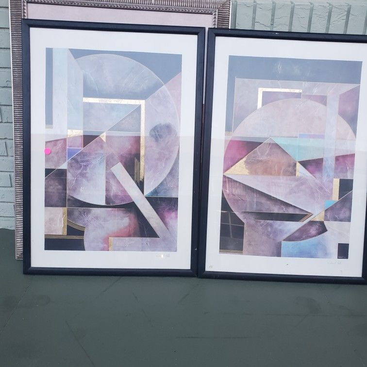 2 Richard Hall Original Mixed Media Gold Foil Abstract MCM Art Print Hand -Signed