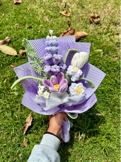 Crocheted purple hyacinth and white Gardenia bouquet