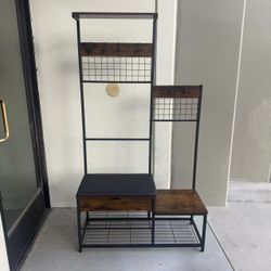 New In Box 40x16x71 Inch Tall Garment Clothing Hanging Rack Shelf Shoe Storage Rack Cushion Bench And Drawer Rustic Brown 