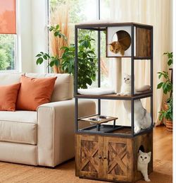 19.68 w 24.01 L 58.85 H  Kimmel 58" Cat Condo with Litter Box Enclosure and Elevated Bowls