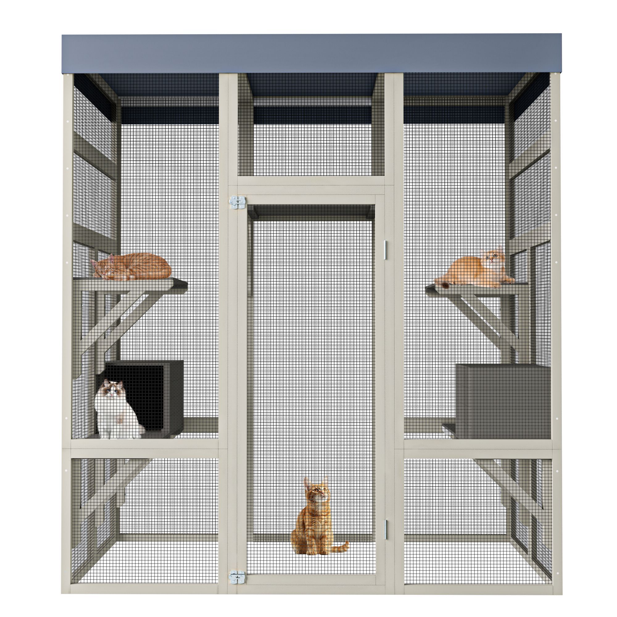 62.6 Outdoor Wooden Catio for Cats, Large Cat Enclosure with Waterproof Roof, 2 Cat Houses & Platforms, Secure Rust-Proof Wire Pet Cage for Patio or B