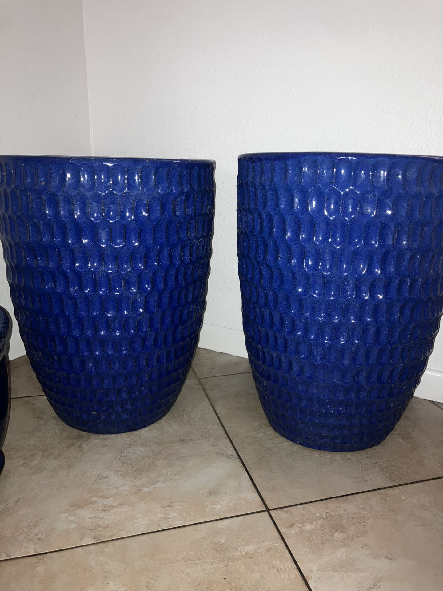 2 X-Large 25” tall Blue Ceramic Outdoor Pot, Luxury Terracotta Pottery