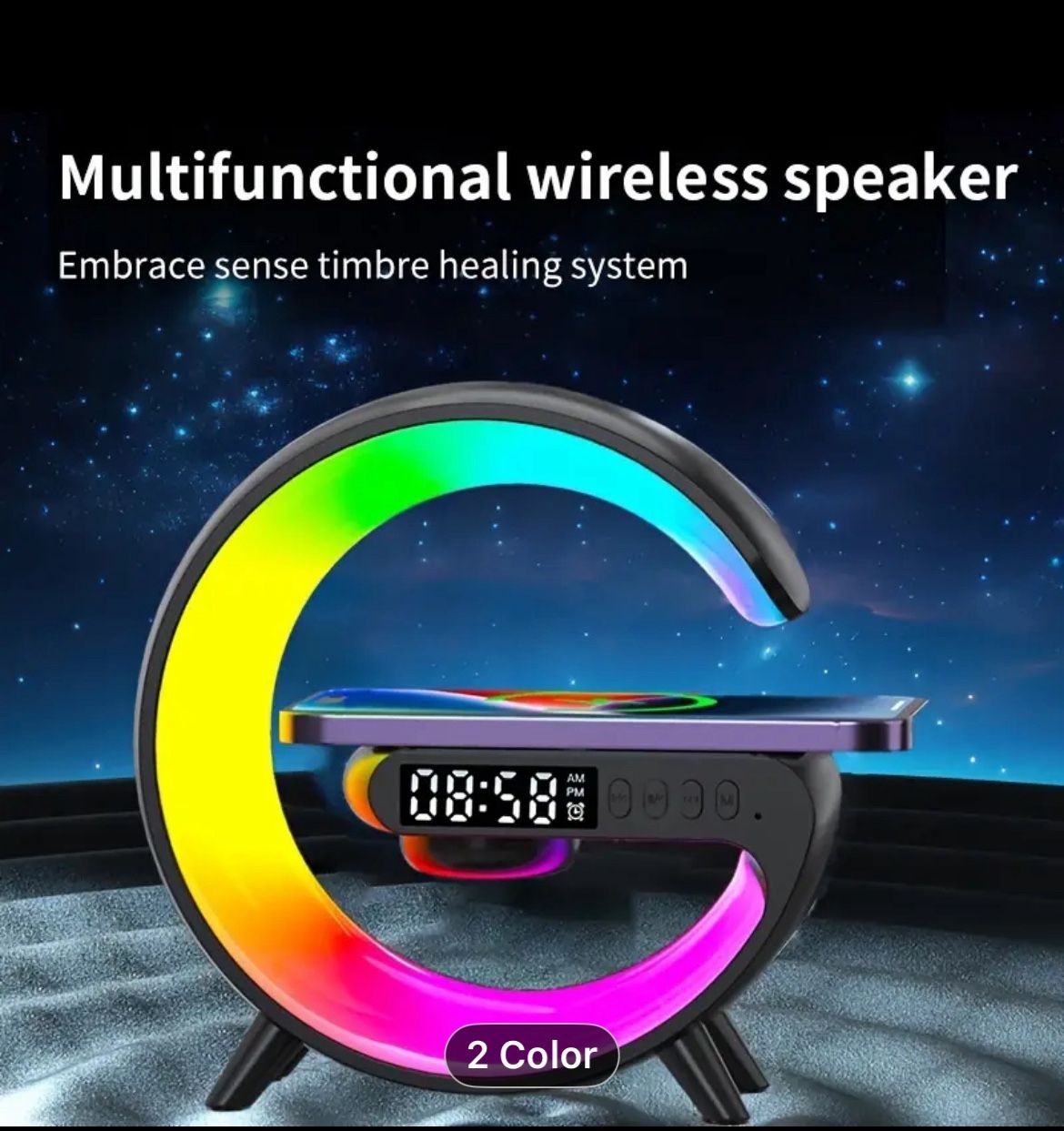 Upgraded APP Control Big G Light Multifunctional Wireless Charger Stand Pad Subwoofer Speaker Color LED RGB Night Light Alarm Clock for Apple iPhone 1