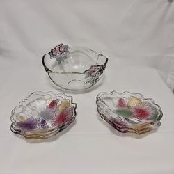 Vintage Rare 1990s Set Mikasa Crystal Dusty Rose Raised Glass Bowl  & Plates