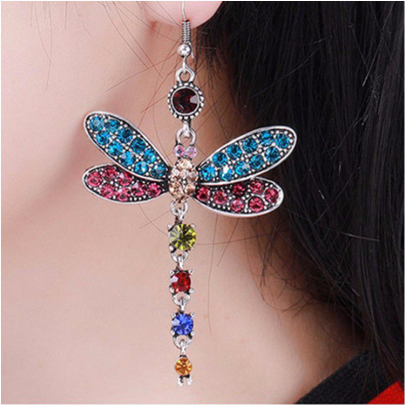 "Multi Color Dragonfly Crystal Rhinestone Silver Plated Hook Earrings, VP1019
 
 