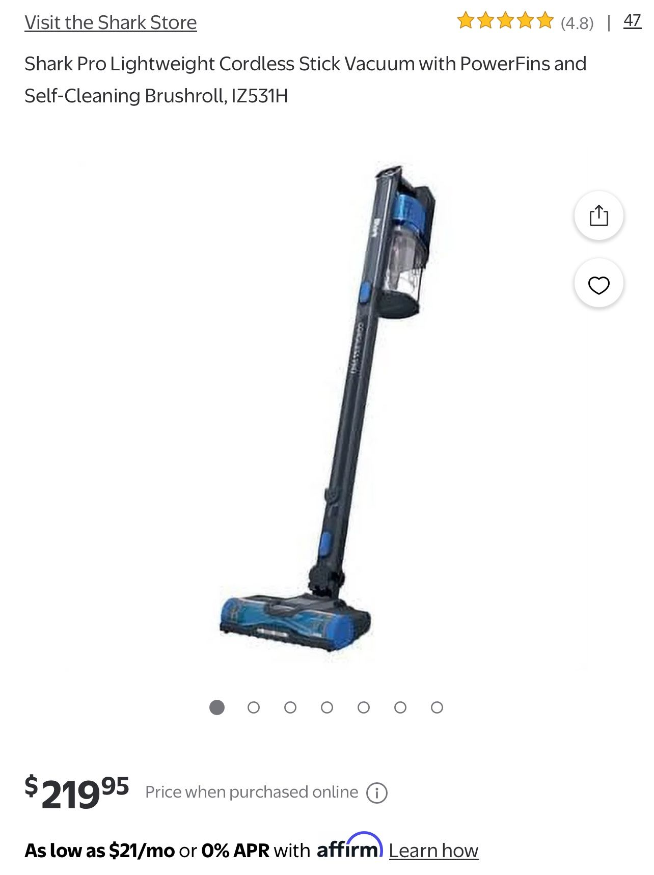 Shark Pro Lightweight Cordless Stick Vacuum with PowerFins and Self-Cleaning Brushroll, 12531H