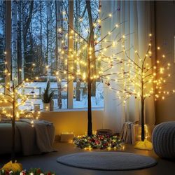 3 Pack Birch Tree with LED Lights 4FT 5FT 6FT, Black Prelit Christmas Tree Set, Lighted Artificial Trees for Indoor Outdoor Christmas Wedding Party De