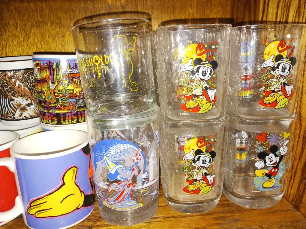 Vintage And Modern 1970s - 2010s Disney Winnie The Pooh Looney Tunes Muppets Jack Skellington Mickey Mouse Donald Duck Las Vegas Glassware Cups Mugs