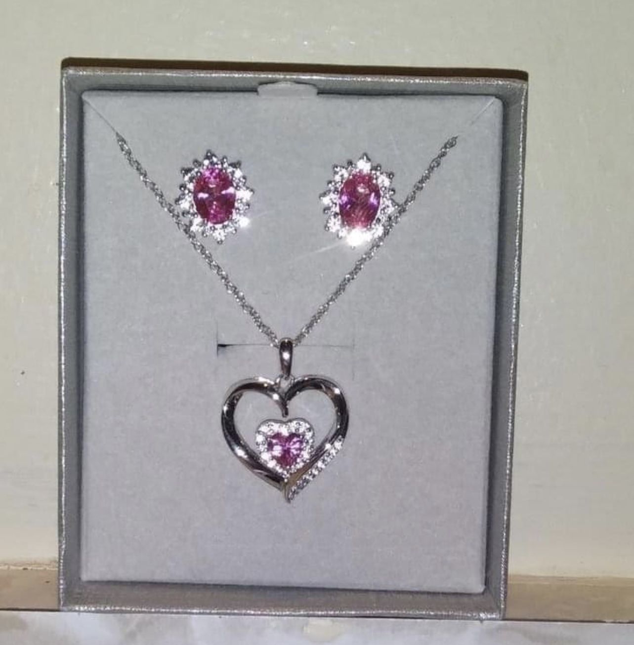 Sterling Silver And Diamond Earrings And Necklace Set