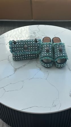 Kurt Geiger Turquoise Crystal Embellished Matching Bag & Platform Slide Set