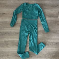 Teal Ribbed Long Sleeve Crop Top & High-Waist Leggings workout outfit Set small