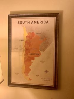 Beautiful Framed South American Wine Map 38.5” x 26.5”
