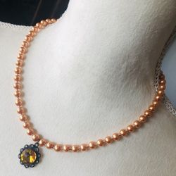 Handcrafted repurpose amber rivoli halo pendant Czech glass Pearl necklace