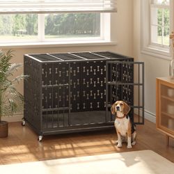 42 Inch Steel Cushion Dog Crate Heavy Duty Chew Proof Kennel for Large Dogs, XL Metal Cage with Locking Wheels  【Soft Pad Upgrade, Protecti
