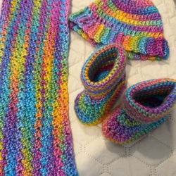 Rainbow Hat, Scarf, And Booties