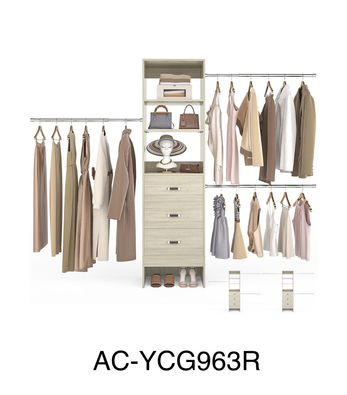 96” Closet Organizer System With 3 Drawers & Open Shelves With Hanging Rods