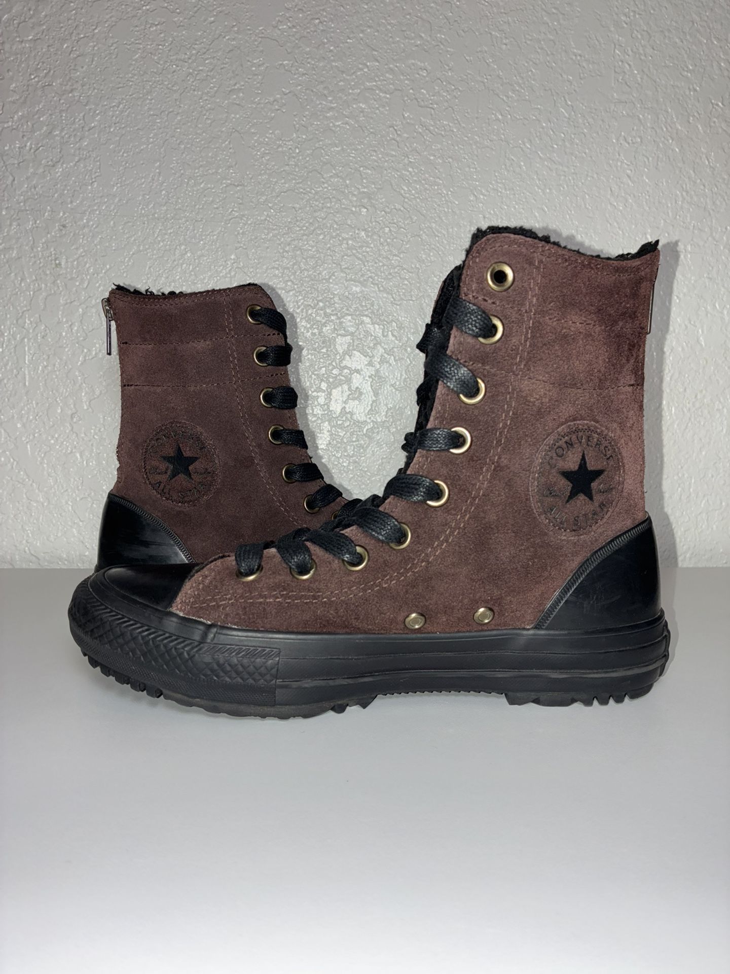 Converse All Star Hi-Rise Sz 6.5 Vintage Brown Leather Suede Zip Up Ankle Boots