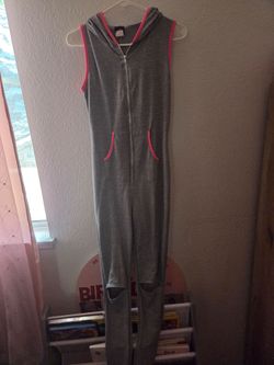 Gray Sleeveless Hooded Jumpsuit with Pink Trim