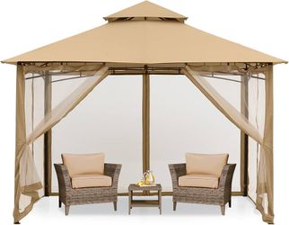 MASTERCANOPY 9x9 ft Heavy Duty Patio Gazebo with Netting Walls, Beige Rustproof Steel Frame, 4 Zippered Netting Walls, Double-Tiered Roof, UPF 50+ UV