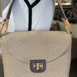 Eric Javits Women Brown Woven Raffia Leather Strap Casual Med Purse Shoulder Bag