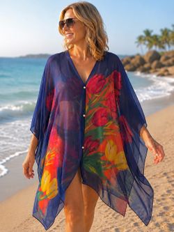 Sheer Blue Floral Tropical Beach Cover-Up-Poncho Kaftan
