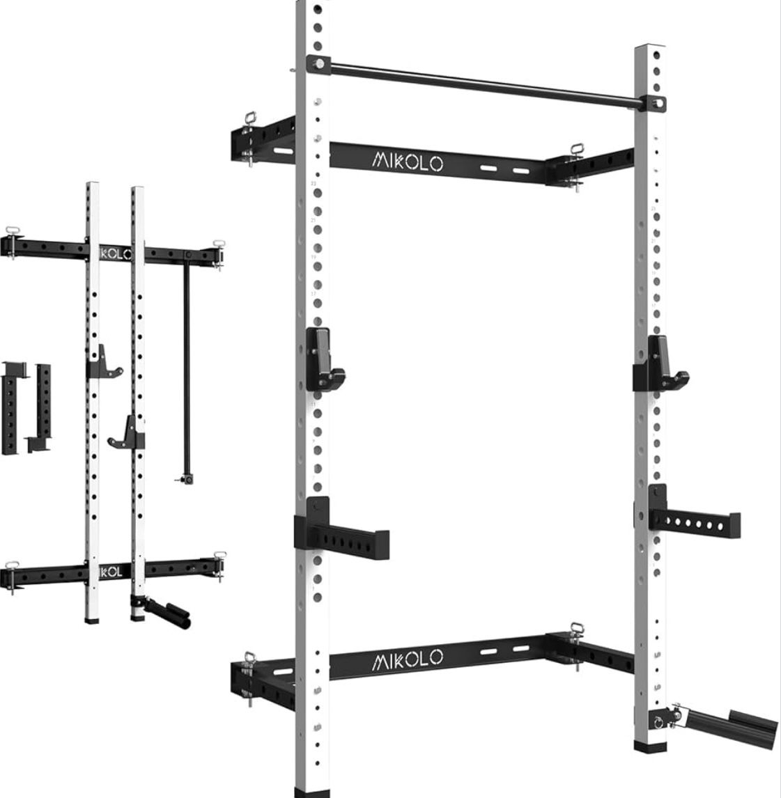 Mikolo 2.36" x 2.36" Folding Wall Mounted Squat Rack, 1000 Pounds Capacity Power Rack with Pull Up Bar, J Hooks and Other Attachments, Space-Saving Ho
