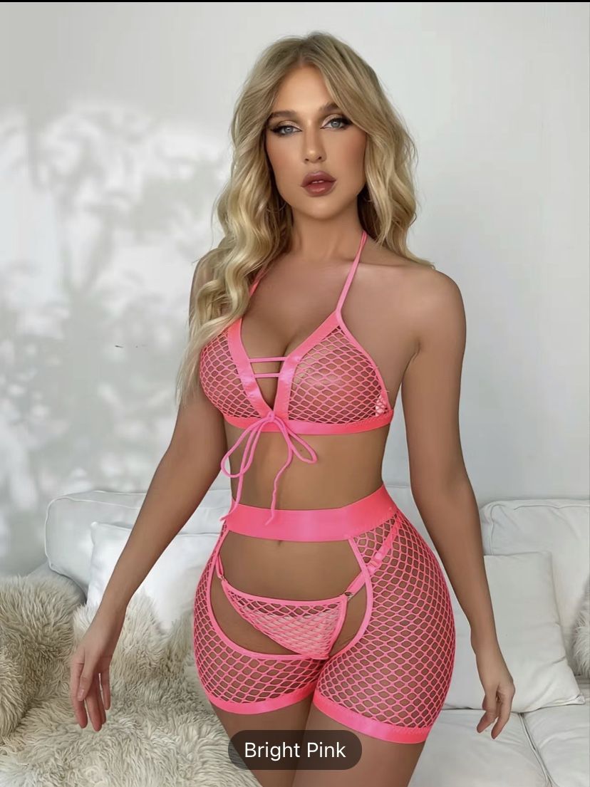3 Packs Fishnet Sexy Lingerie Set , Hollow Out Halter Tops & Open Crotch Shorts , Women's Sexy Lingerie Set