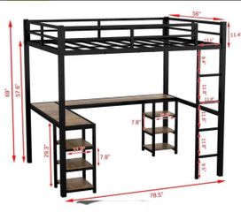 Full size loft bed with desk and shelves