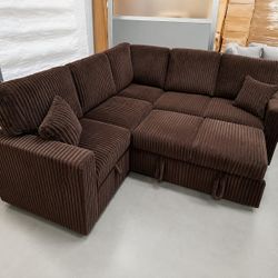 Jumbo corduroy brown sectional sleeper sofa with pull out bed