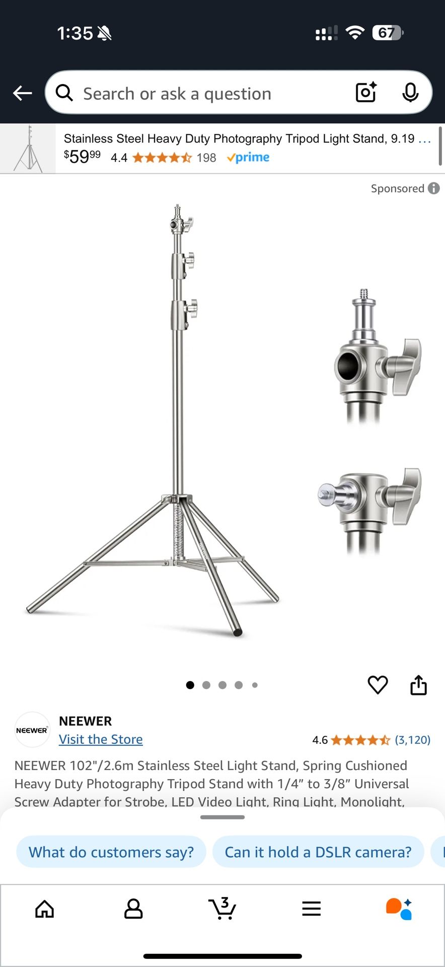New NEEWER 102"/2.6m Stainless Steel Light Stand, Spring Cushioned Heavy Duty Photography Tripod Stand with 1/4” to 3/8” Universal Screw Adapter for S