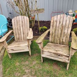 Pair of weathered Adirondack Chairs with one foot rest 
30.5"w x 36"d x 34"
Seat 20.5"w x 20"d seat