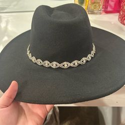 Black felt wide brim hat featuring a sparkling rhinestone band