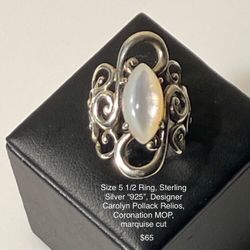 Size 5 1/2 Ring, Sterling Silver “925”, Designer Carolyn Pollack Relios , Coronation, Mother Of Pearl,