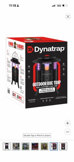 Dynatrap Outdoor Bug Trap with Flickering Flame Light. The box says it’s designed for mosquitoes, wasps, house flies, yellow jackets, gnats, and no-se