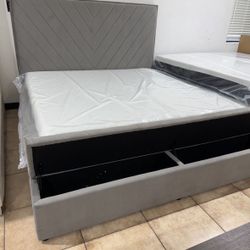 NEW IN BOX Grey Platform Storage Bench Bed Frame King & Queen Size