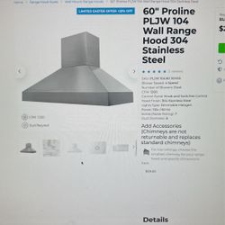 60" proline PLJ104 Wall Range Hood w/24" chimney cover