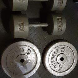 Dumbbells, 50 lb York, 25 lb Plates