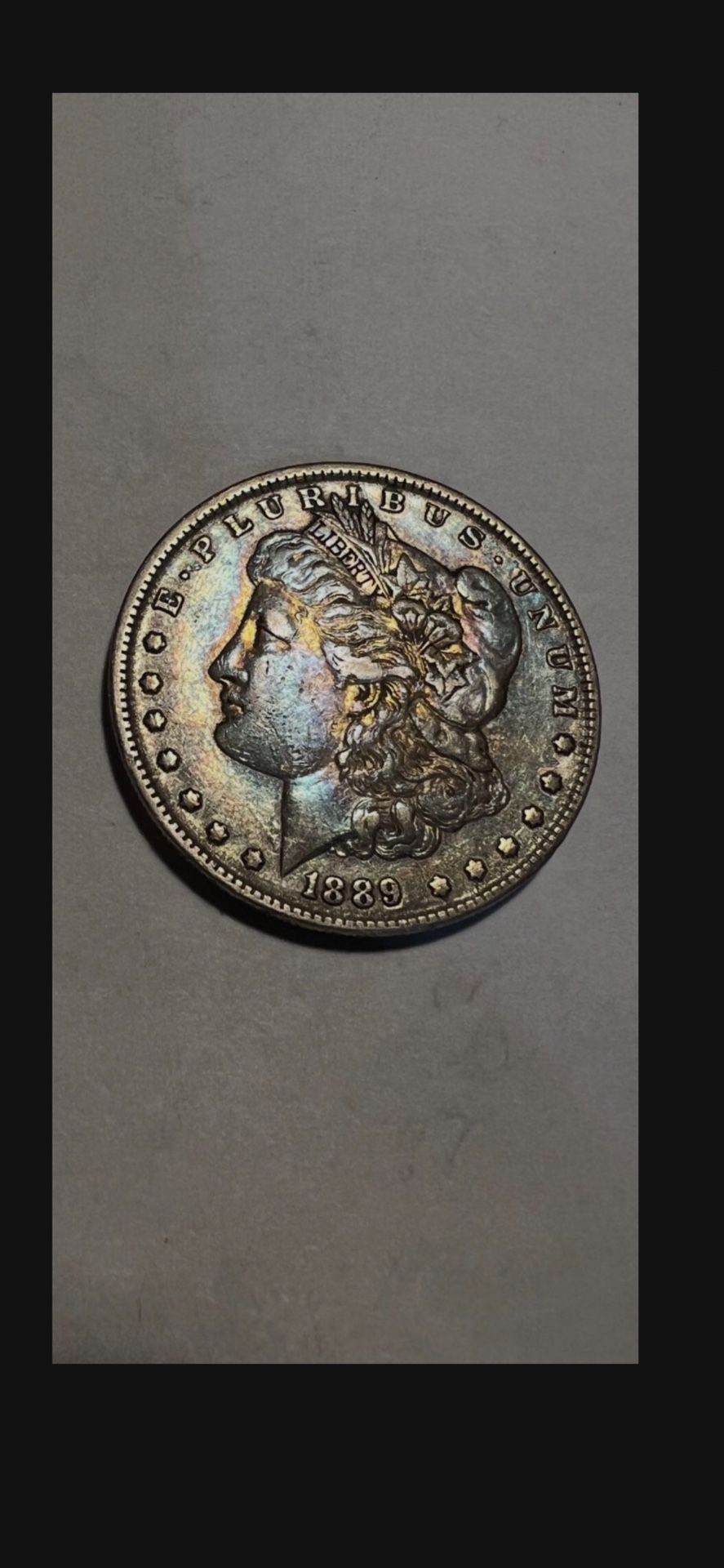 1889 Morgan Silver Dollar Rainbow Toned Monster Gold, Purple, Blue. Colored Tones.