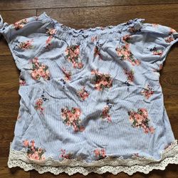 No Boundaries Boho Short Sleeve Blue Floral Blouse Sz XL 15/17