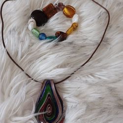 Murano Style Hand Blown Glass Pendant Necklace And Bracelet - Masterfully Crafted!